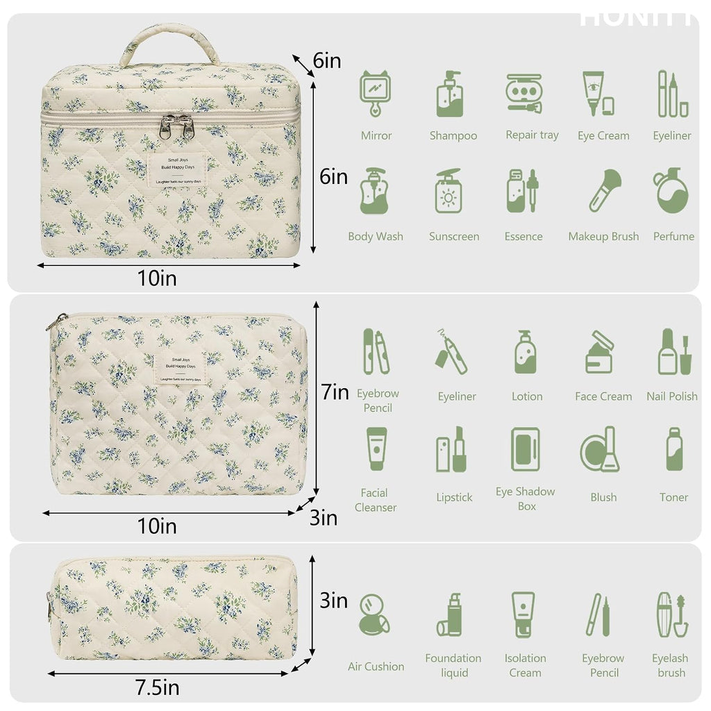 honitty Makeup Bag,Quilted Cosmetic Bags,Large Floral Make Up Organize bag,Makeup Bag Set for Women,Flower Travel Toiletry Bag