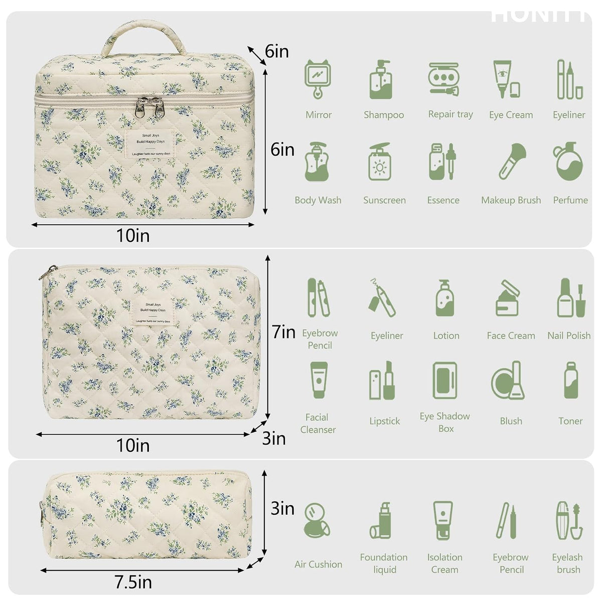 honitty Makeup Bag,Quilted Cosmetic Bags,Large Floral Make Up Organize bag,Makeup Bag Set for Women,Flower Travel Toiletry Bag