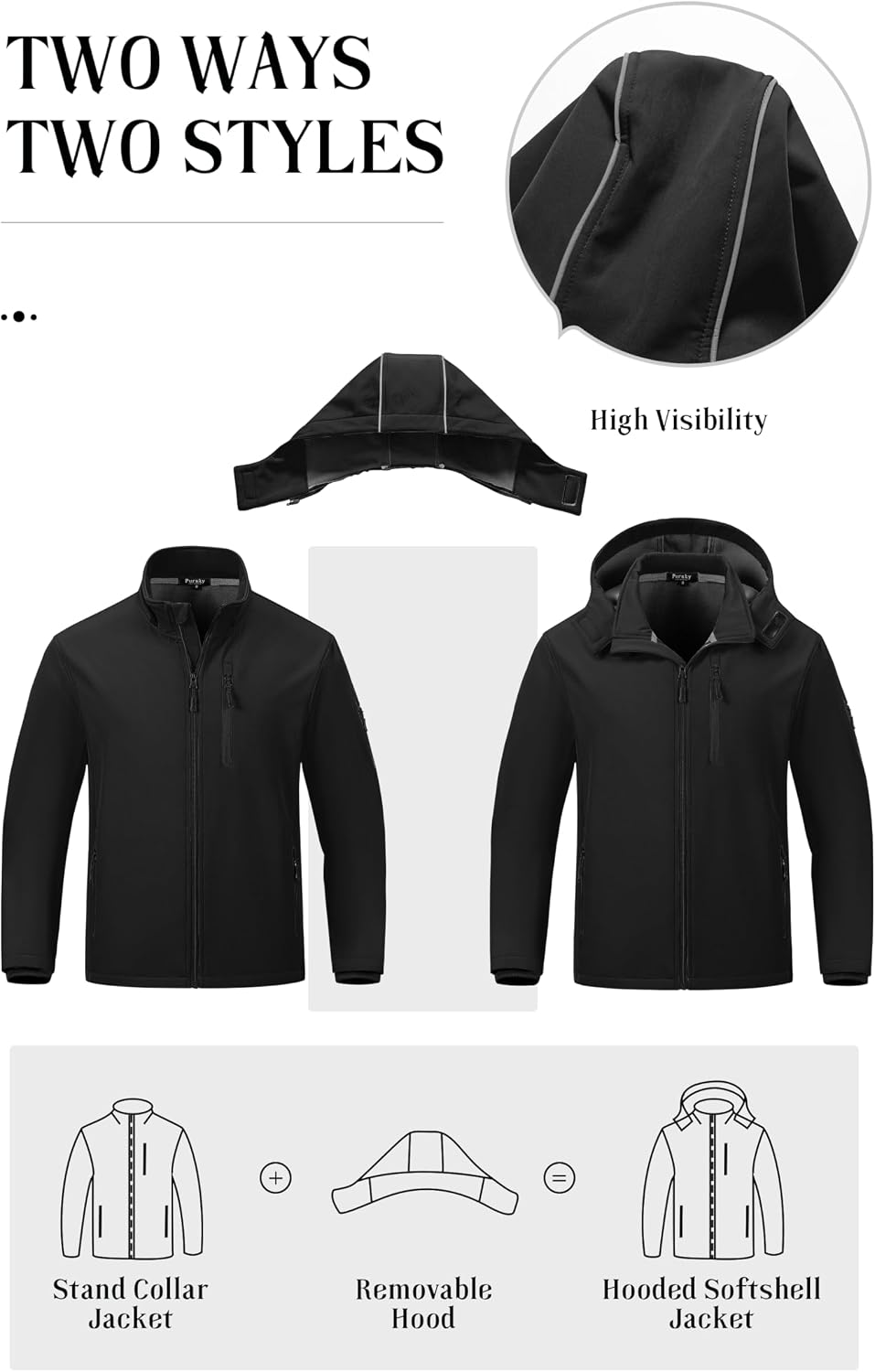Pursky Men's Softshell Jacket Waterproof Fleece Lined Windbreaker With Removable Hood Lightweight Tactical Jacket