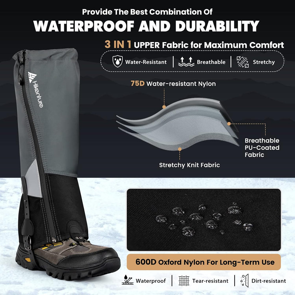 Hikenture Hiking Gaiters with Upgraded Zipper, Gaiters for Hiking Waterproof, Lightweight Leg Shoe Gaiters for Men Women (Grey&Black, Large)