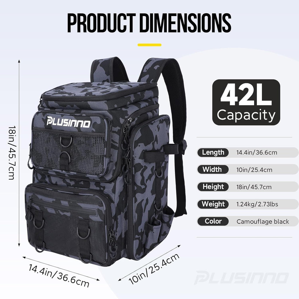 PLUSINNO Fishing Backpack with Fishing Gear Fish Net & Rod Holders Tackle Box, 42L Large Water-resistant Tackle Bag Store