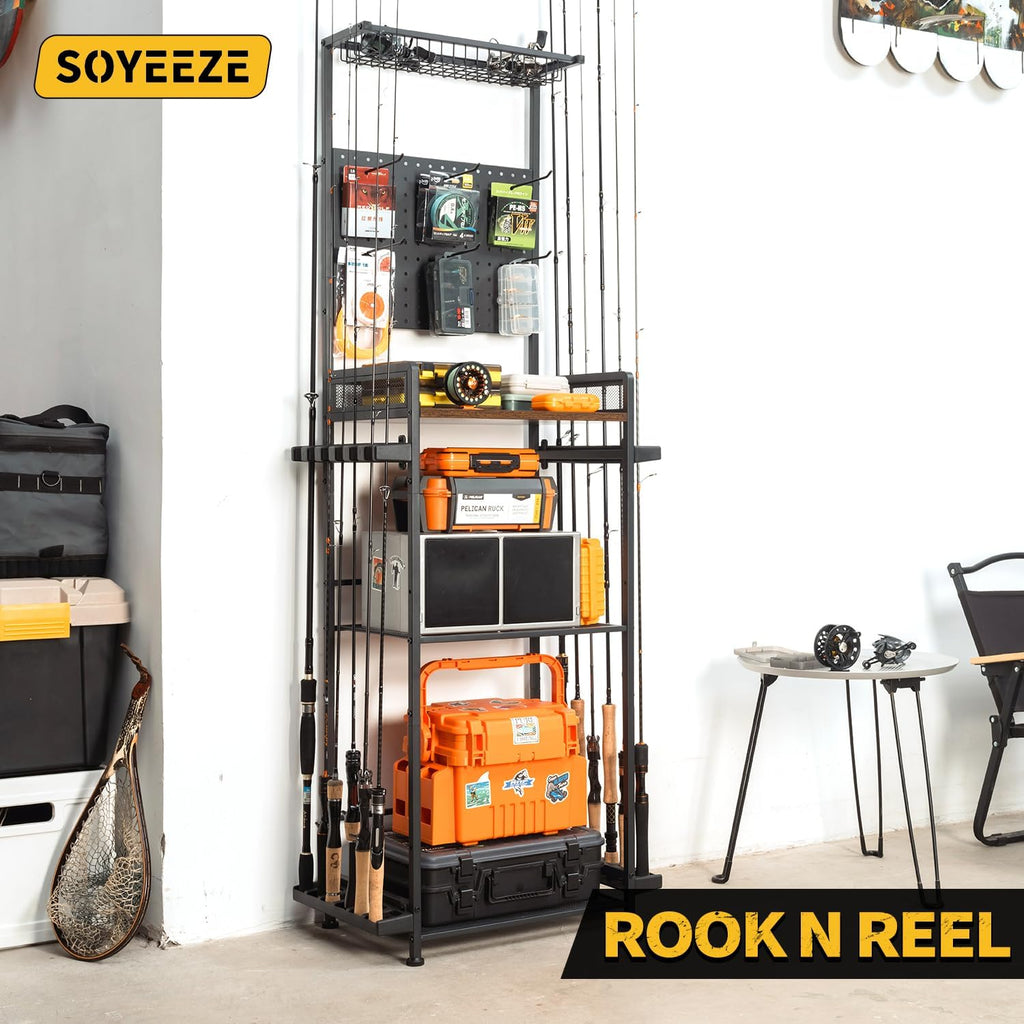 SOYEEZE Fishing Rod Holders for Garage,Fishing Gear Holder for Fishing Rod Tackle Box Storage，Fishing Pole Holders for 12 Rods with Hooks and Pegboard,Fishing Stand with Reel Rack, Standard Size
