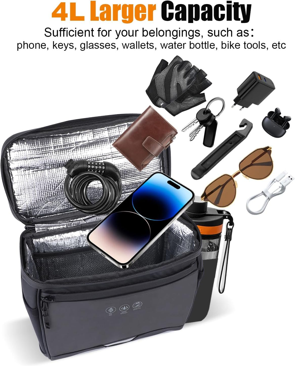 Bike Handlebar Insulated Bag, Waterproof Mountain Bike Crossbar Front Bike Phone Bag Cooler Storage Pouch with TPU Touch Screen Insulation for Outdoor Hiking Travel 4L