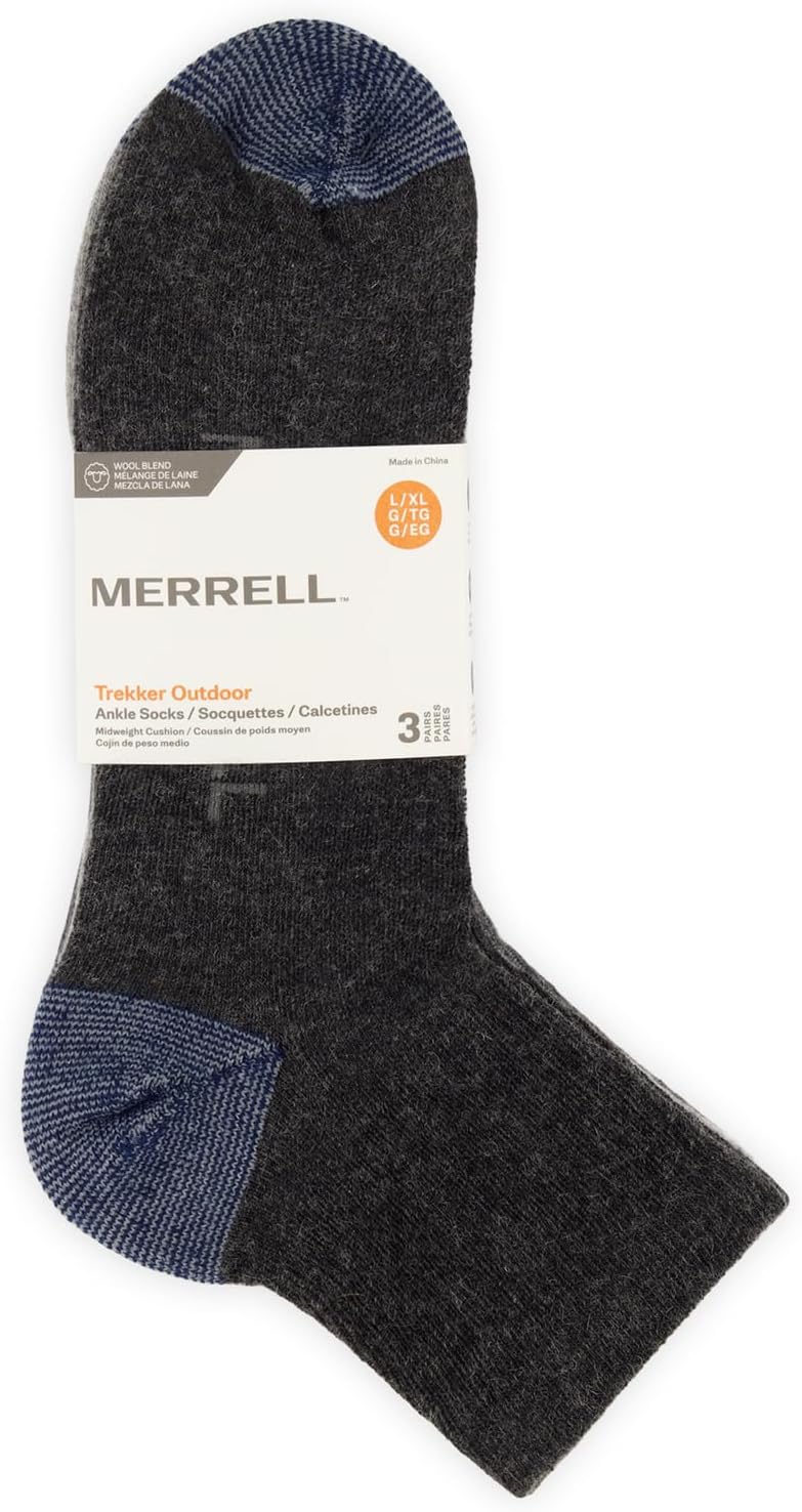 Merrell Unisex 3-pack Trekker Outdoor Ankle Socks, Mid-height Wool Blend Trail Socks Multi-pack