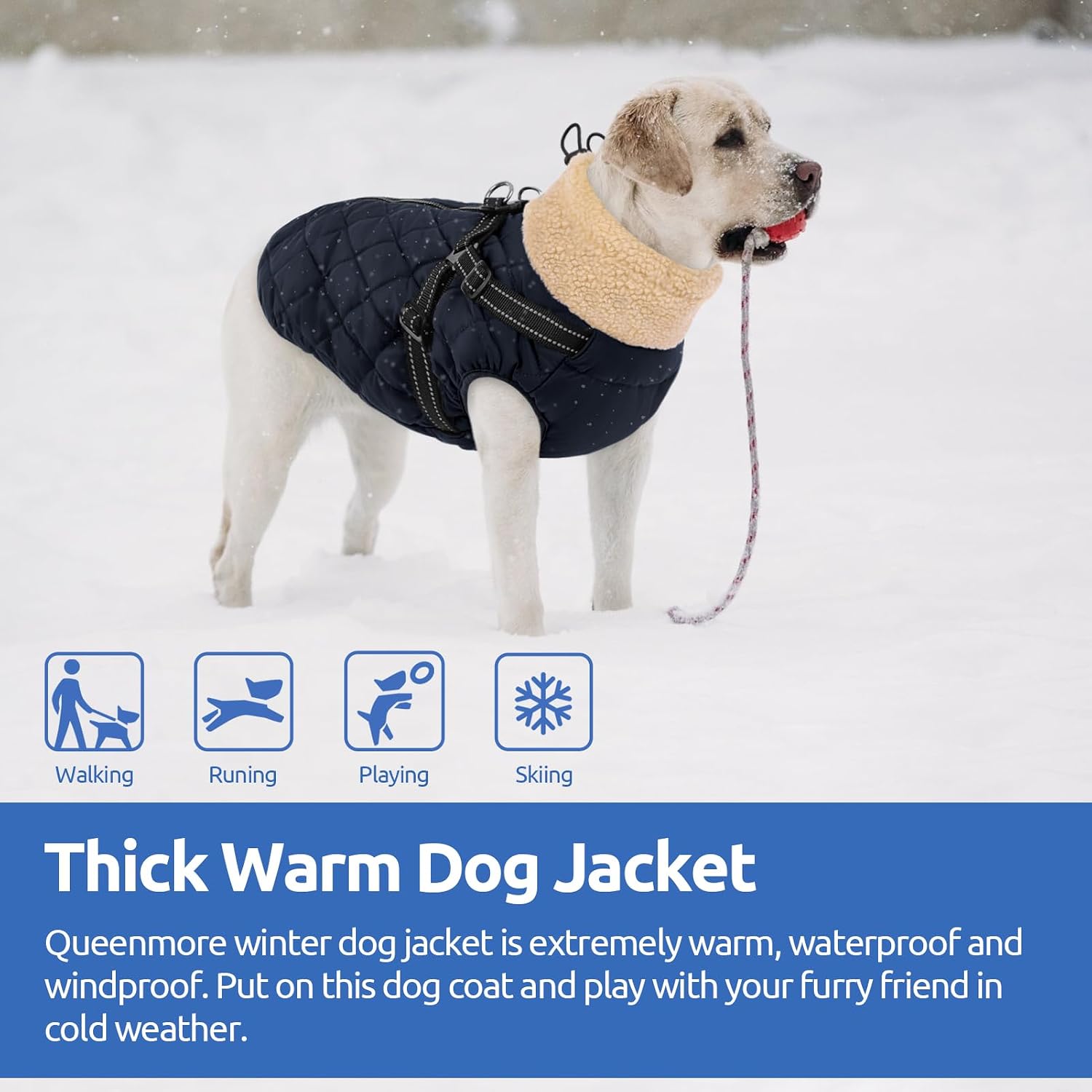 Queenmore Dog Winter Jacket Dog Coats for Large Dogs with Harness Built in