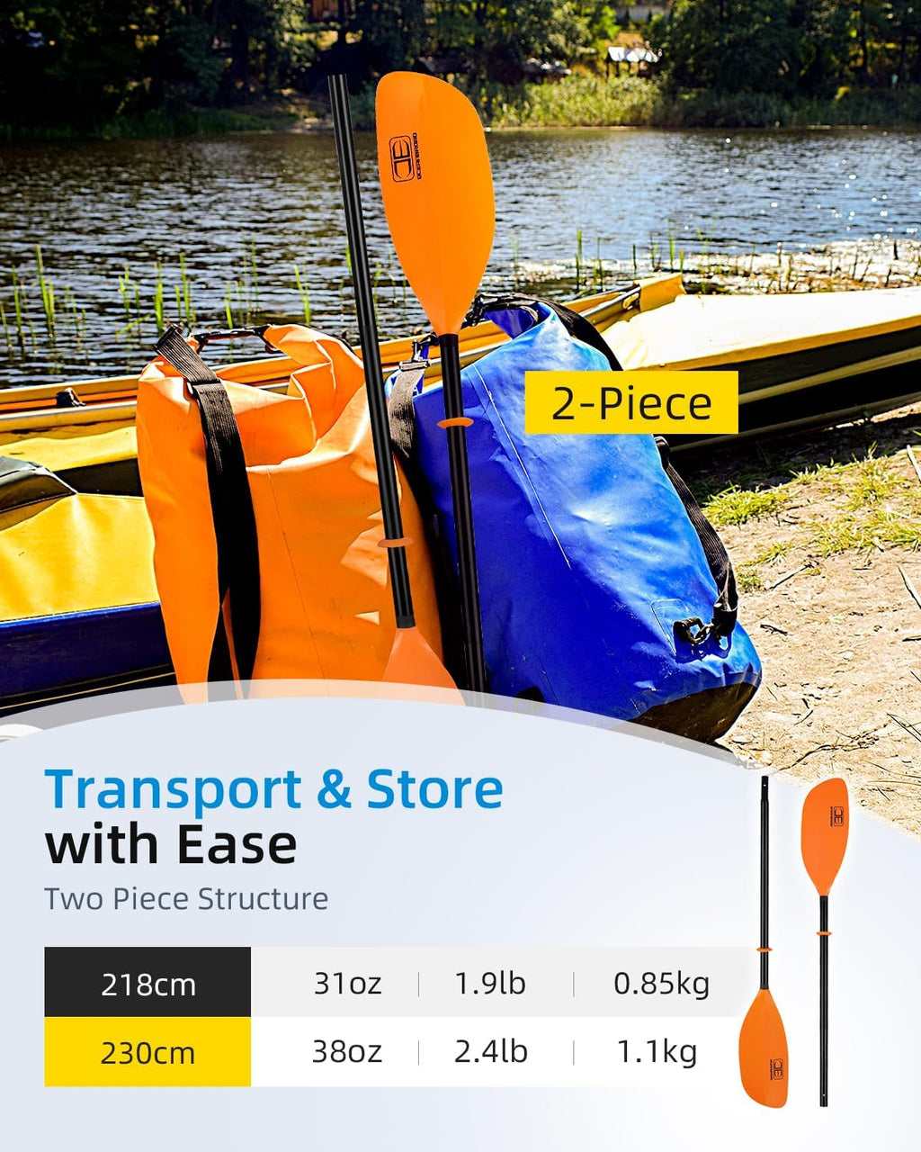 OCEANBROAD Kayak Paddle 86in/218cm, 90.5in/230cm Alloy Shaft 2-Piece Floatable Kayak Oar for Kayaking Canoeing Boating