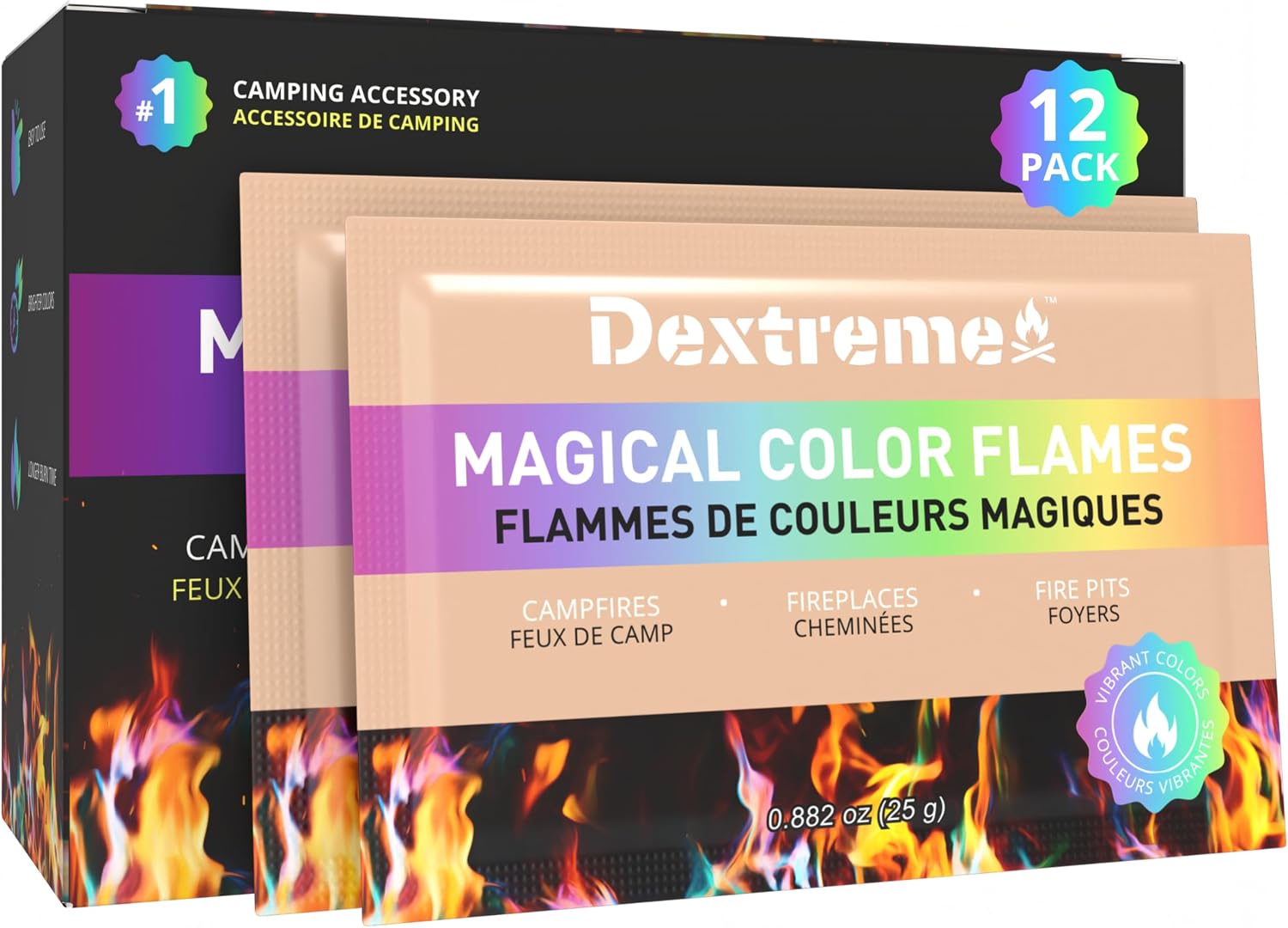 Dextreme Fire Color Changing Packets - Fire Color Packets, Color Changer for Campfires, Fire Pits, and Fireplaces, Longer Lasting Burn Time, Safe and Non-Toxic (50 Pack)