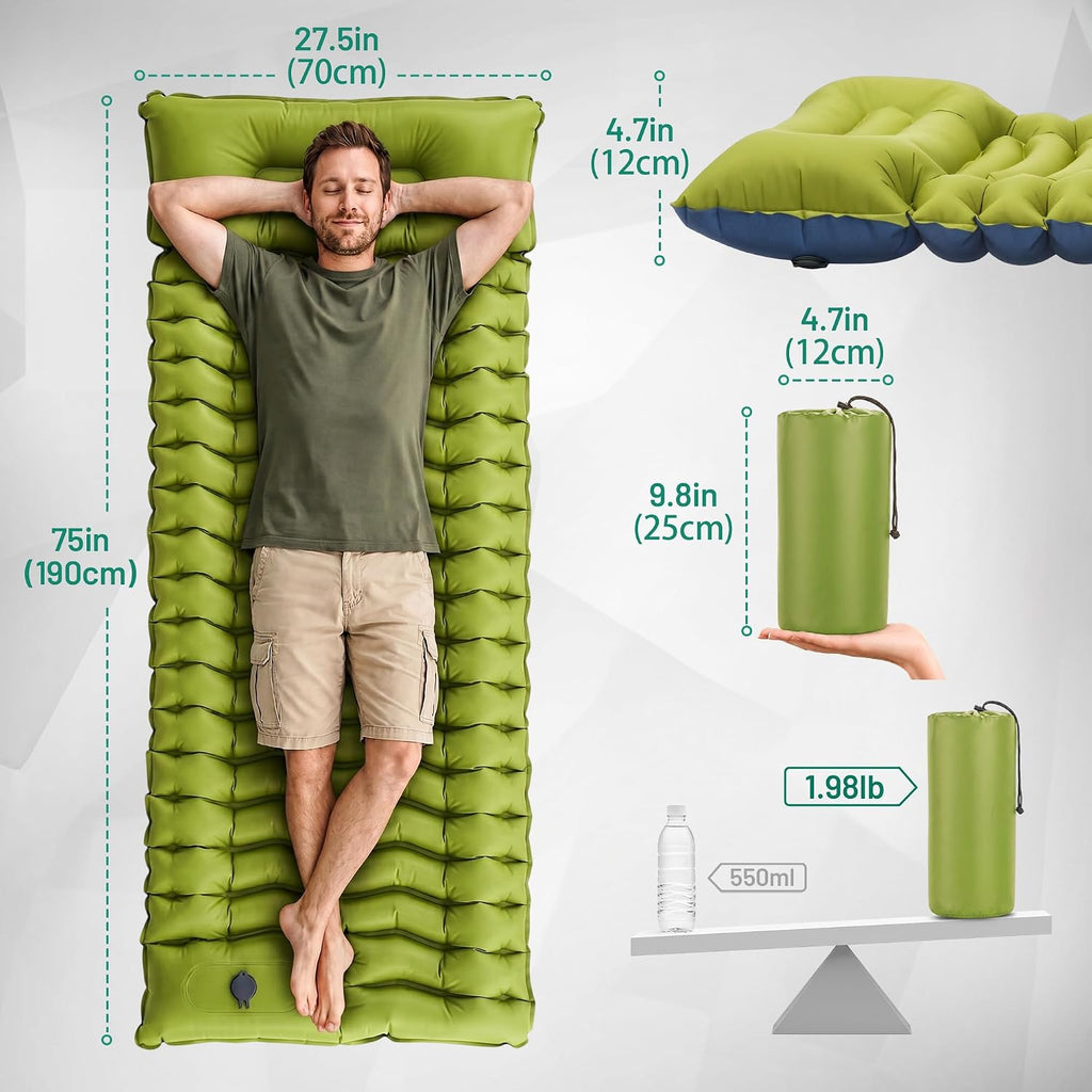 Overmont Ultralight Camping Sleeping Pad with Pillow, Built-in Foot Pump
