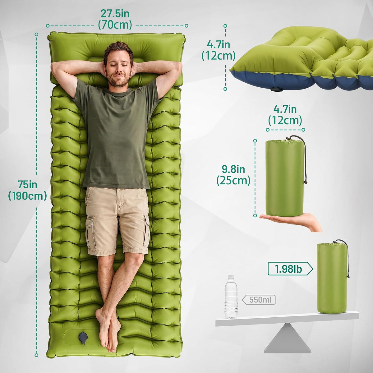 Overmont Ultralight Camping Sleeping Pad with Pillow, Built-in Foot Pump