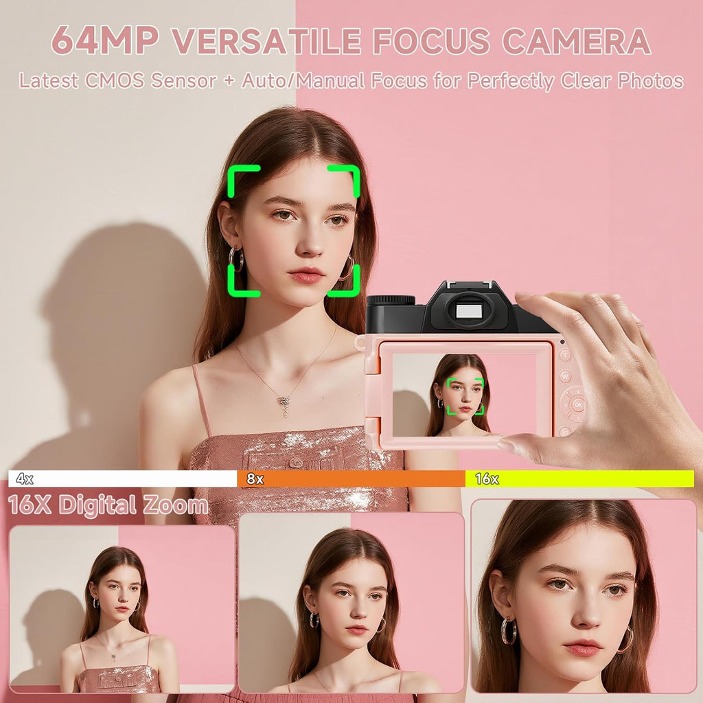 6K Digital Camera for Photography Autofocus, 64MP WiFi Vlogging Camera for YouTube with 3" 180° Flip Screen 16X Zoom, 64GB SD Card & 2 Batteries Pink Compact Travel Camera for Beginners Teens