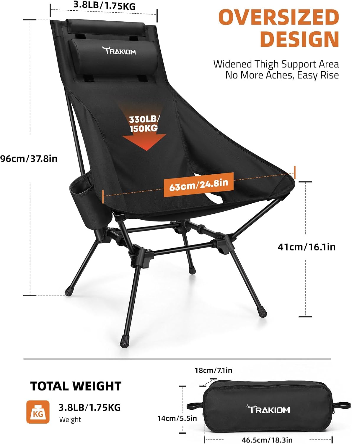 Trakiom High Back Camping Chair with Head/Neck Support Widened Seat, Black