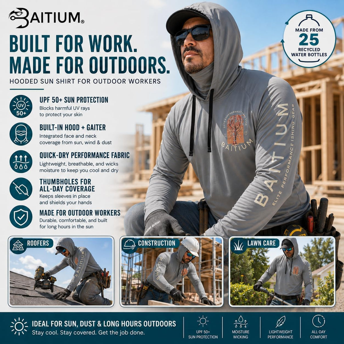 Fishing Shirts for Men,UPF50 Hooded Long Sleeve with Gaiter, Sun Protection Dry Fit Apparel, Face Mask, Fishing Clothes