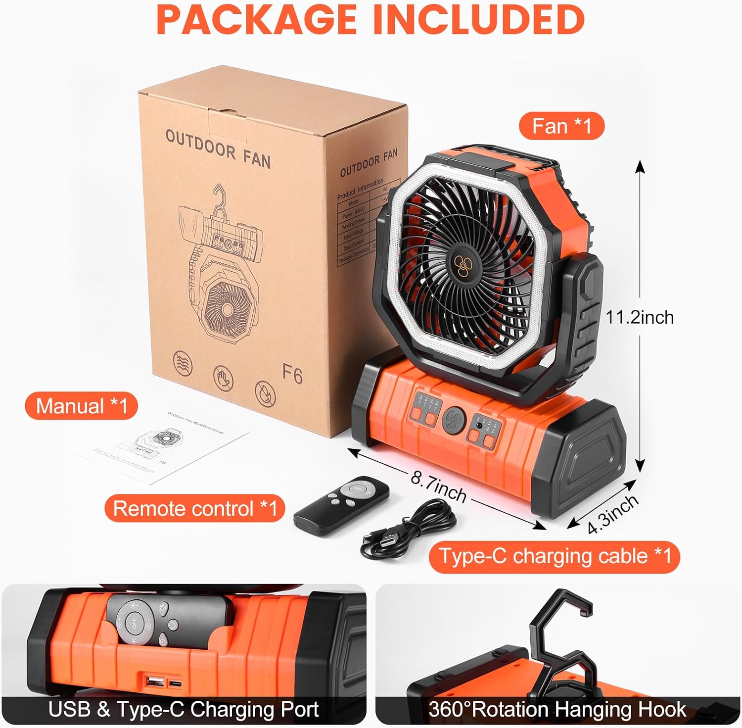 Odoland 30000mAh Camping Fan with LED Lantern, Rechargeable Battery Fan | Operated Oscillating Fan with Remote & Hook, Portable Tent Fan with Timer, 4 Speeds for Outdoor Camp RV Power Outage, Orange