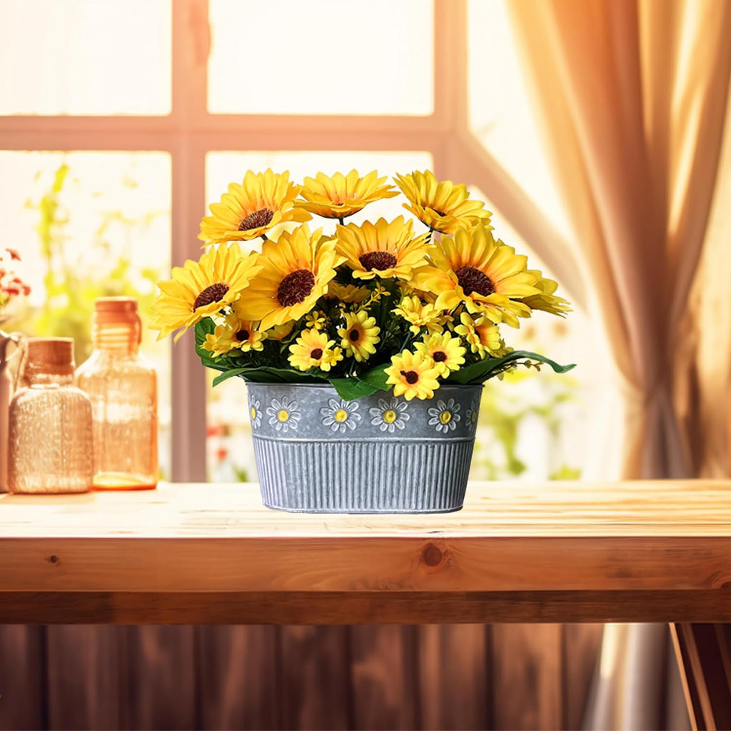 Artificial Flowers Fake Sunflowers in Pot, Faux Silk Flowers Floral Table Centerpiece Decoration, Rustic Potted Greenery for Farmhouse Home Décor
