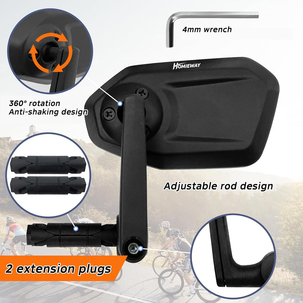 Bike Mirror, Adjustable Bicycle Mirror Handlebar Mount, Scratch Resistant HD Glass Lens, Large Bar End Rear View Mirror for E-bike, Mountain Bike, City Bikes & Scooter (Left 0.59-0.78")