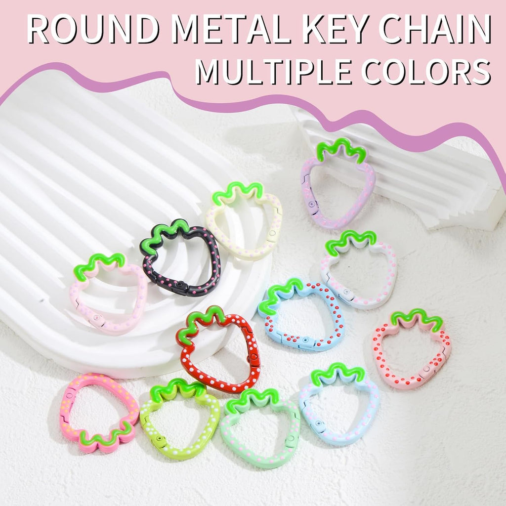 12 Pcs Cute Carabiner Keychain Clips,Strawberry Shape Keychain Rings, Metal Ring Spring,Flat Spring Ring for Purse Strap, Handbag, Key Chain Hooks Accessories