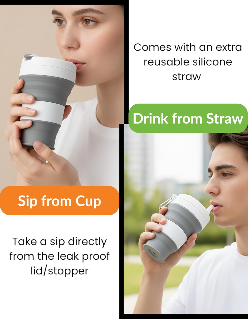 Collapsible Silicone Water Bottle 20oz, Leakproof BPA-Free Foldable Travel Cup with Carabiner Clip and Reusable Straw, Portable Reusable Bottle for Hiking, Camping, Gym, Outdoor