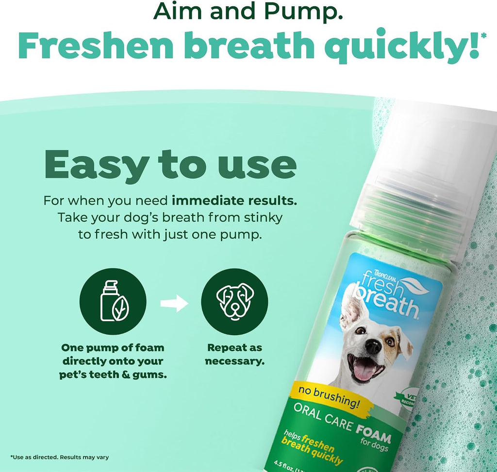 TropiClean Fresh Breath Dental Foam Spray for Dogs &amp; Cats | Quick Breath Freshener and Teeth Cleaning Solution | Made in The USA | 4.5oz.