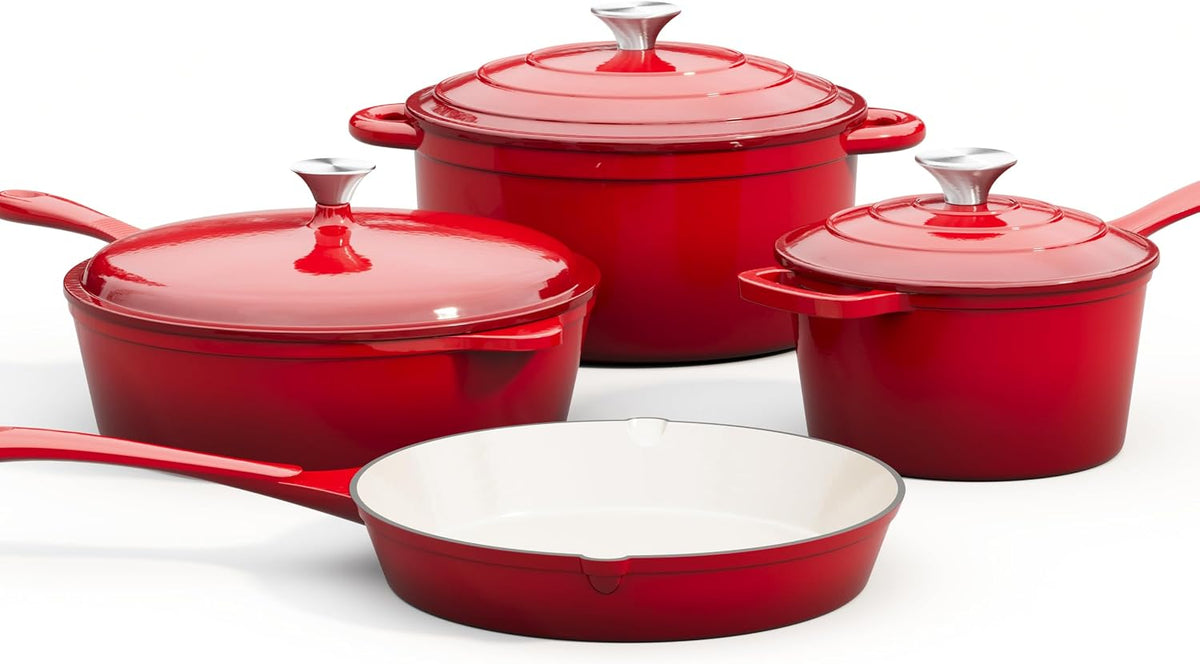 MAISON ARTS 7 Piece Enameled Cast Iron Pots and Pans Set, Red