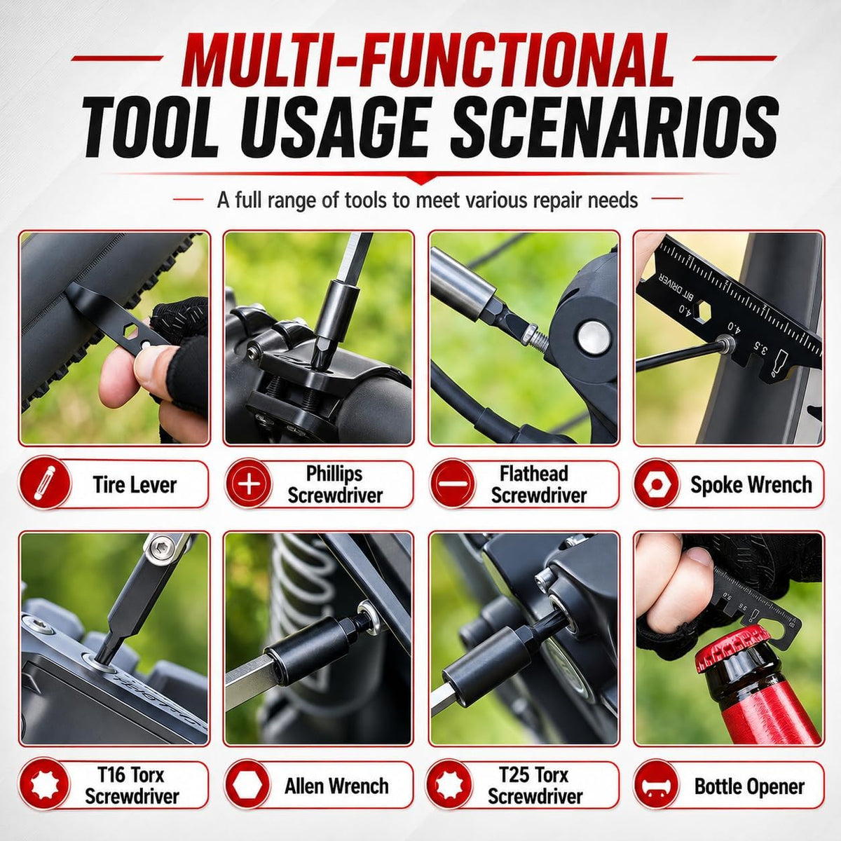 38-in-1 Bike Multitool – Portable Magnetic Bike Repair Tool Set with Tire Levers, Chain Cutter, Hex Wrenches, Spoke Wrenches, Box Spanner, Bottle Opener, and Includes Storage Bag