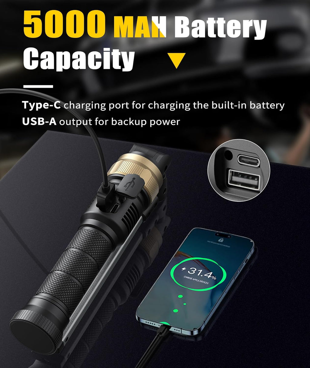 HOTLIGH Rechaegeable Work Light, 5000mAh Magnetic Flashlight with 360° Rotate Foldable Design, 1200 Lumens Led Work Light, Mechanic Light for Car Repairing/Emergency,Fathers Day Dad Gifts
