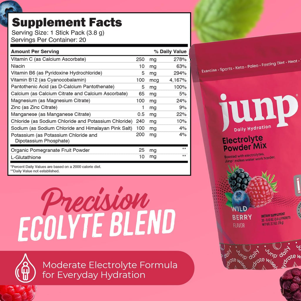 JUNP Sugar Free Electrolytes Powder Packets for Water Instant Hydration Packets with Salt & Potassium, Zero Calorie, No Carbs No Sugar Electrolyte Drink Mix Sticks, Keto Friendly, Wild Berry 20 Pack