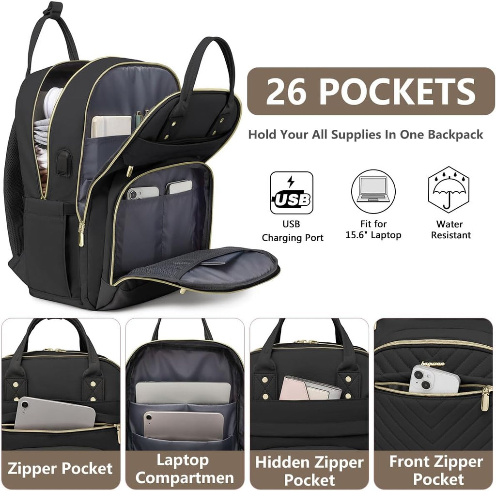 Laptop Backpack for Women Work Bag - 15.6 inch Black Travel Backpack College Backpack with USB Charger Business Office Back Pack for Teacher Casual Waterproof Bookbag for Nurses