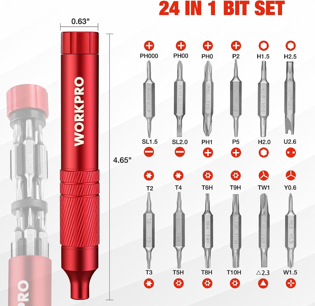 WORKPRO 24 in 1 Multi Bit Mini Screwdriver Set Magnetic, Red