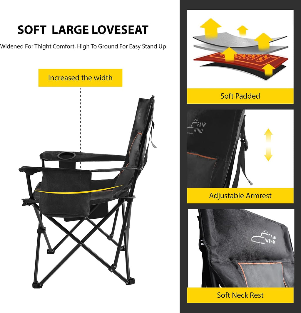 FAIR WIND Oversized Padded Camping Chair with Footrest Stool Set Heavy Duty Support 300 LBS Cooler Bag - Black Grey