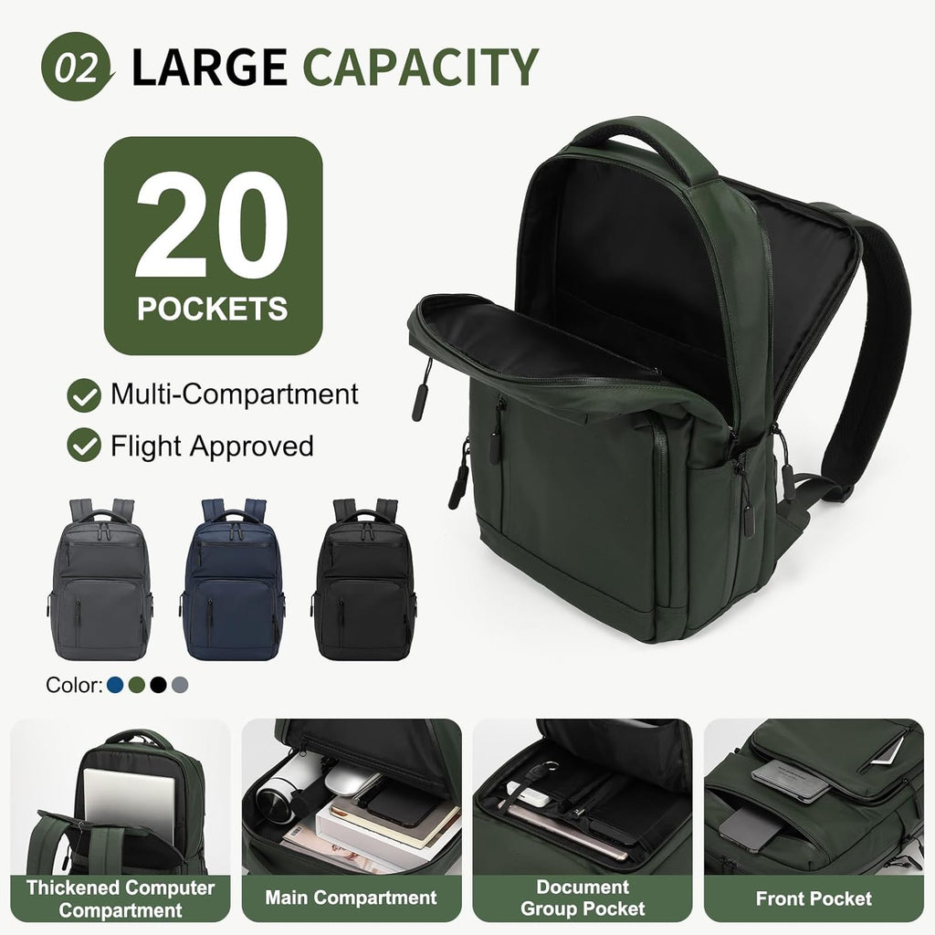 20L 15.6 Inch Laptop Backpack Anti Theft Flight Approved Green