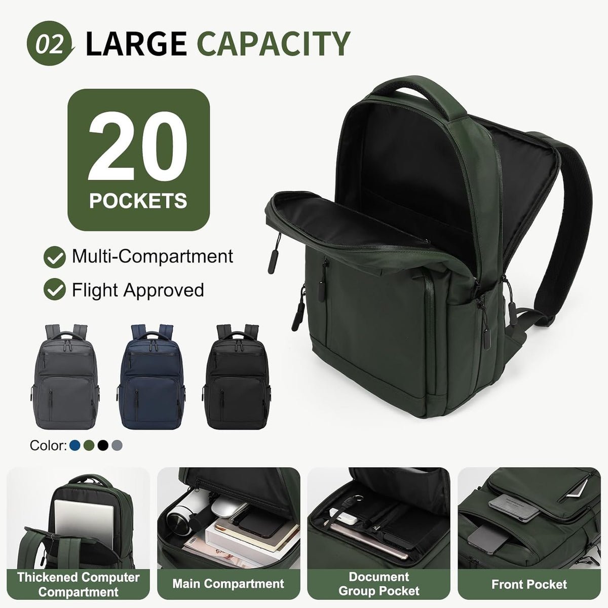 20L 15.6 Inch Laptop Backpack Anti Theft Flight Approved Green