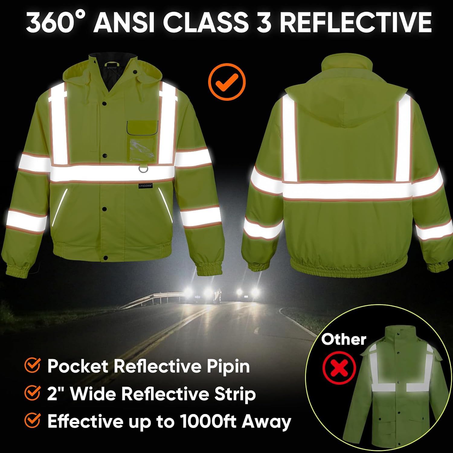 TICONN Hi Vis Safety Bomber Jacket, Fleece-Lined Waterproof ANSI Class 3
