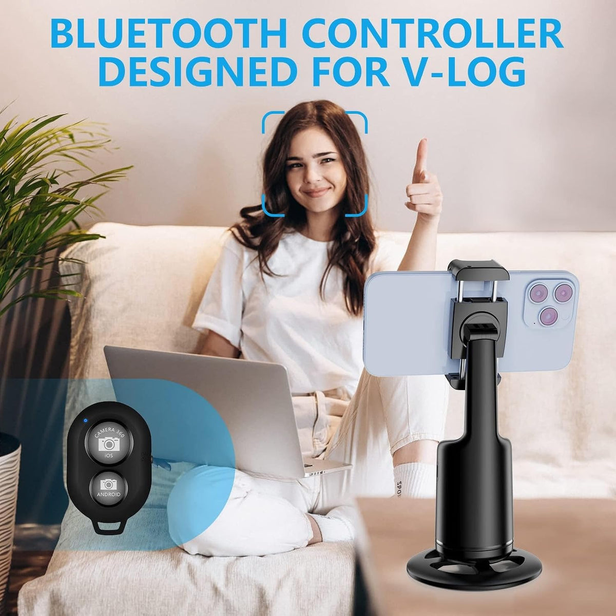 Auto Face Tracking Phone Holder, Auto Tracking Tripod 360° Rotating Cell Phone Mount, Face and Body Tracking Phone Stand, No App Required, Gesture Control and Remote, Rechargeable Battery.（Black）