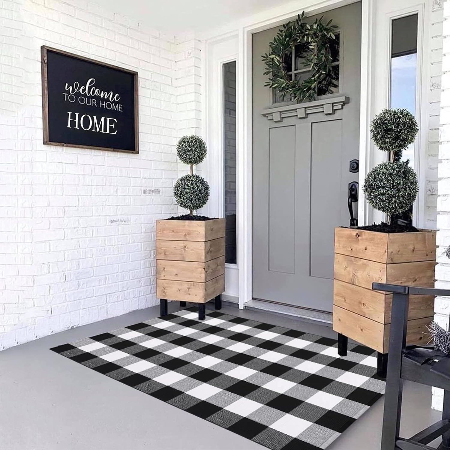 MUBIN Fall Decor Cotton Buffalo Plaid Rug, 3' x 5' Black and White Outdoor Rug Front Door Decorative Mat, Washable Doormat Foldable Area Rug Layered Door Mats Rug for Front Porch, Entryway, Patio