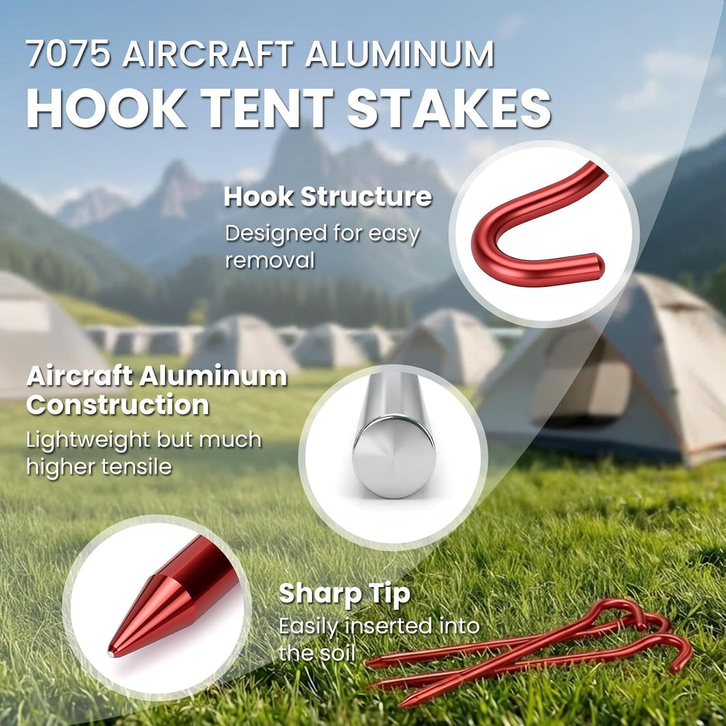 20 Pack Aluminum Tent Stakes - 7 Inch Lightweight Metal Ground Stakes Tent Pegs - Camping Hook Stakes for Tent, Rain Tarps, Canopies, Gardening, Inflatables and Outdoor Decorations