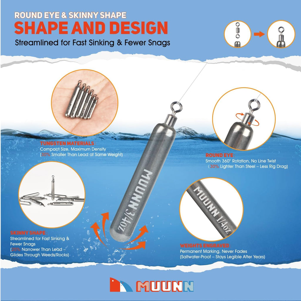 Tungsten Skinny Drop Shot Weights with Rotating Round Eye