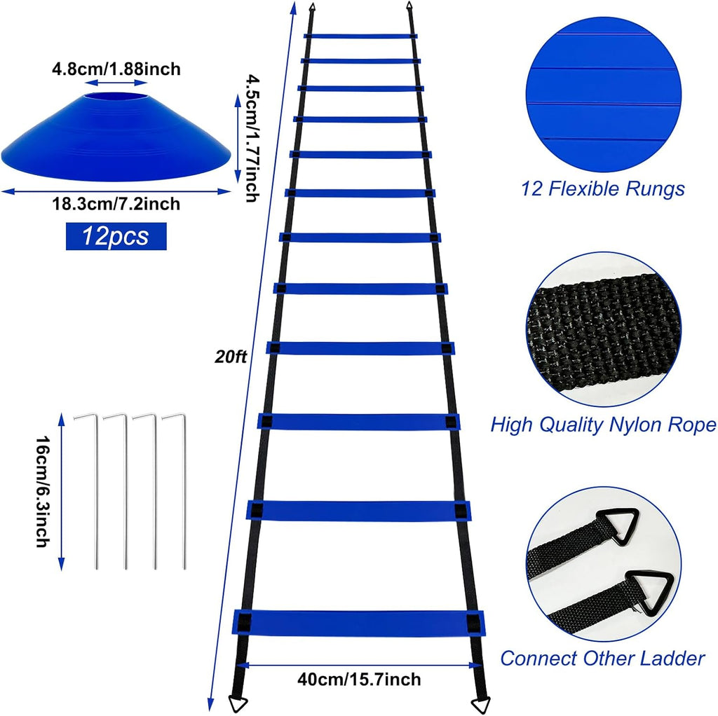 YEXEXINM Professional Agility Ladder Speed Training Equipment Set-20ft Agility Ladder,12 Soccer Cones, 4 Agility Hurdles, Running Parachute, Suitable for Soccer Football Basketball Training