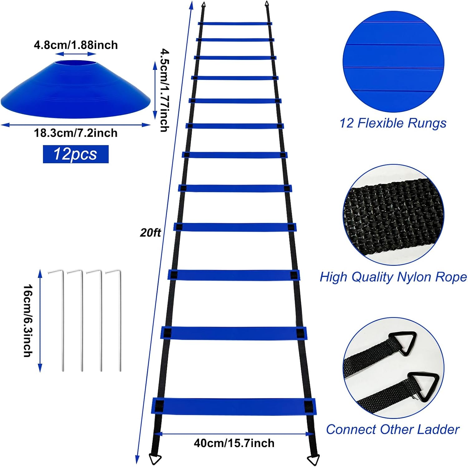 YEXEXINM Professional Agility Ladder Speed Training Equipment Set-20ft Agility Ladder,12 Soccer Cones, 4 Agility Hurdles, Running Parachute, Suitable for Soccer Football Basketball Training