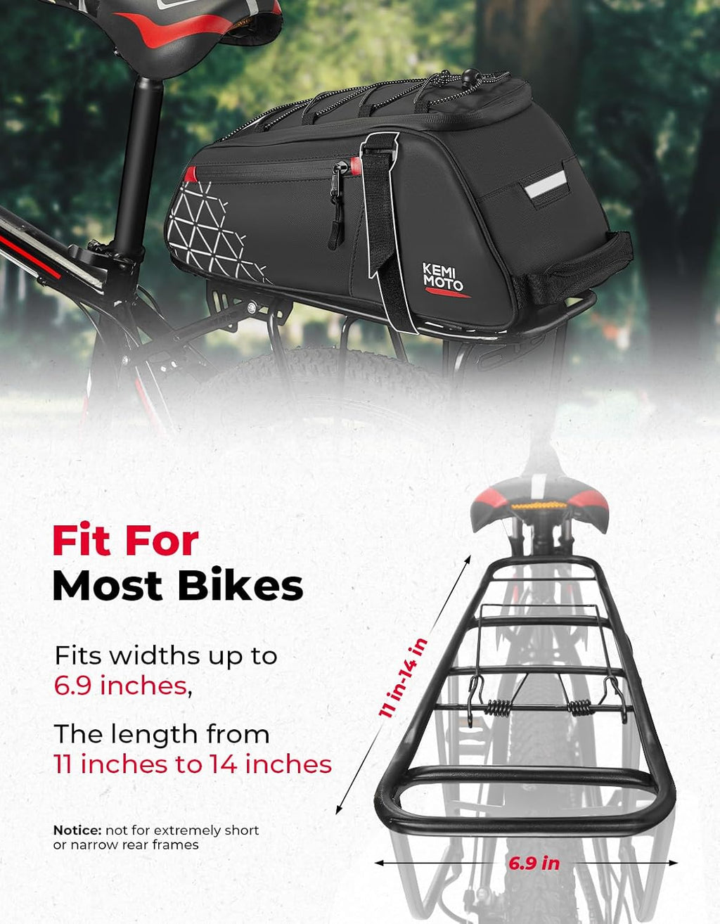 KEMIMOTO 8L Bike Rear Rack Bag, with 6L Removable Cooler Pouch