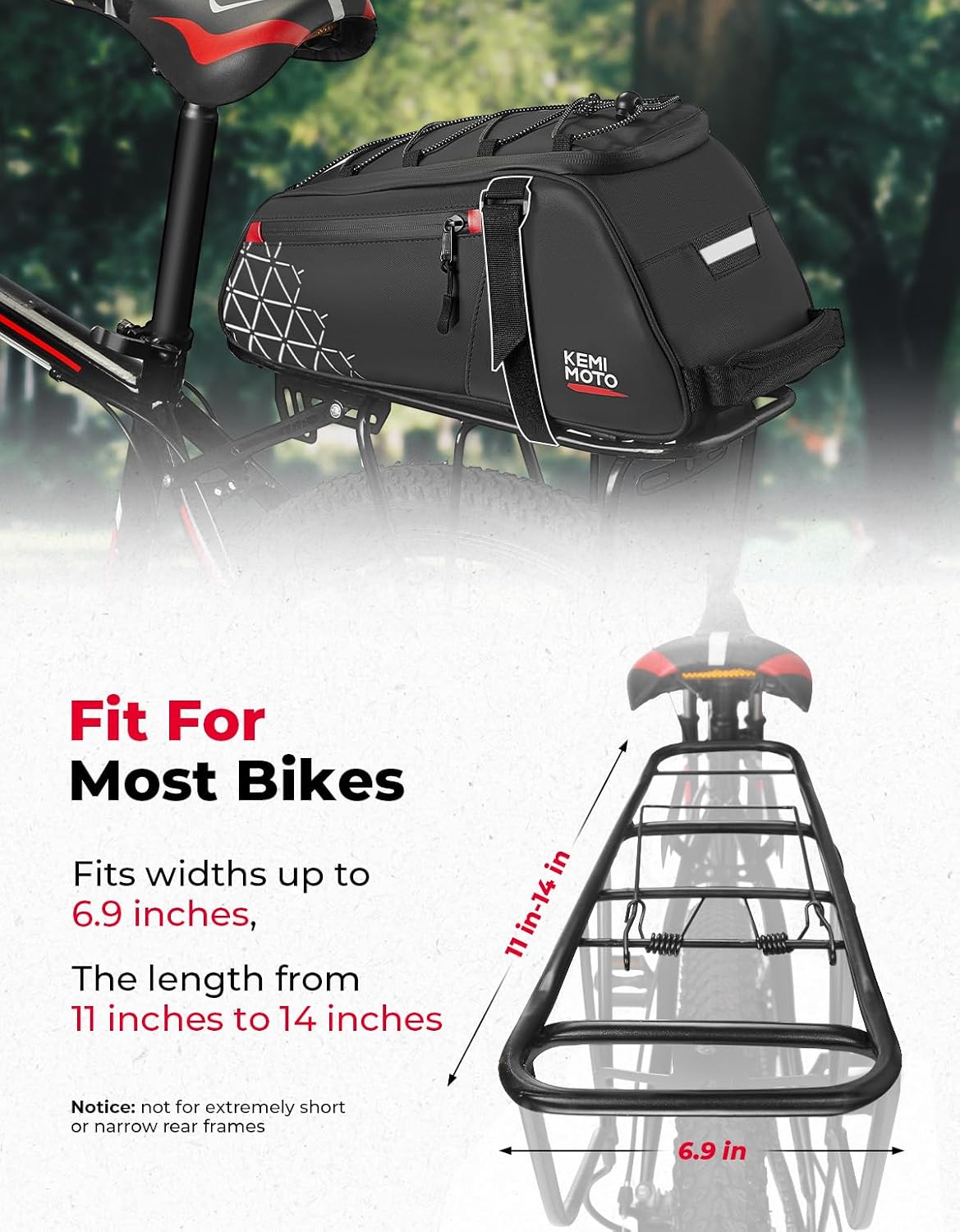 KEMIMOTO 8L Bike Rear Rack Bag, with 6L Removable Cooler Pouch