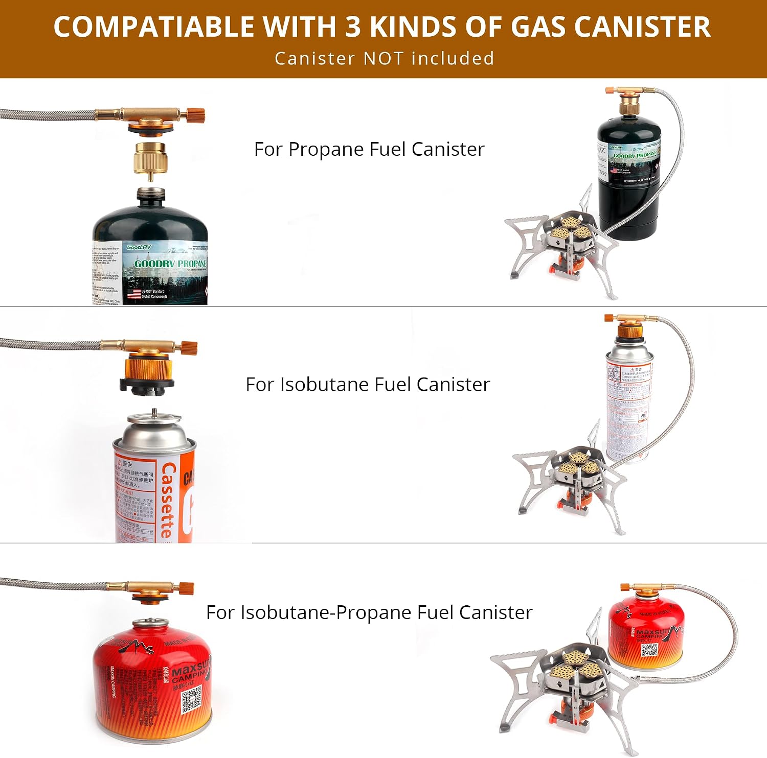 6800W Camping Stove with Fuel Canister Adapter, Portable Backpacking Gas Stove with Piezo Ignition, 1LB Propane Tank, Butane Adapter for Outdoor Cooking, Picnic, Camping and Hiking
