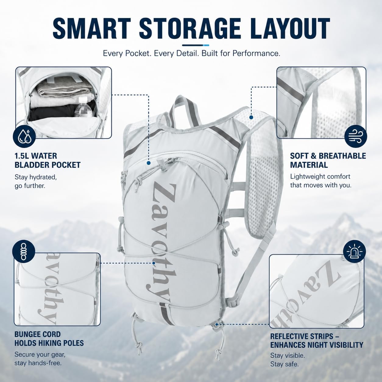 Zavothy Hydration Vest Pack with 1.5L Water Bladder, Lightweight 6L Hydration Backpack for Running, Hiking & Cycling, Breathable Reflective Hydration Vest for Men & Women