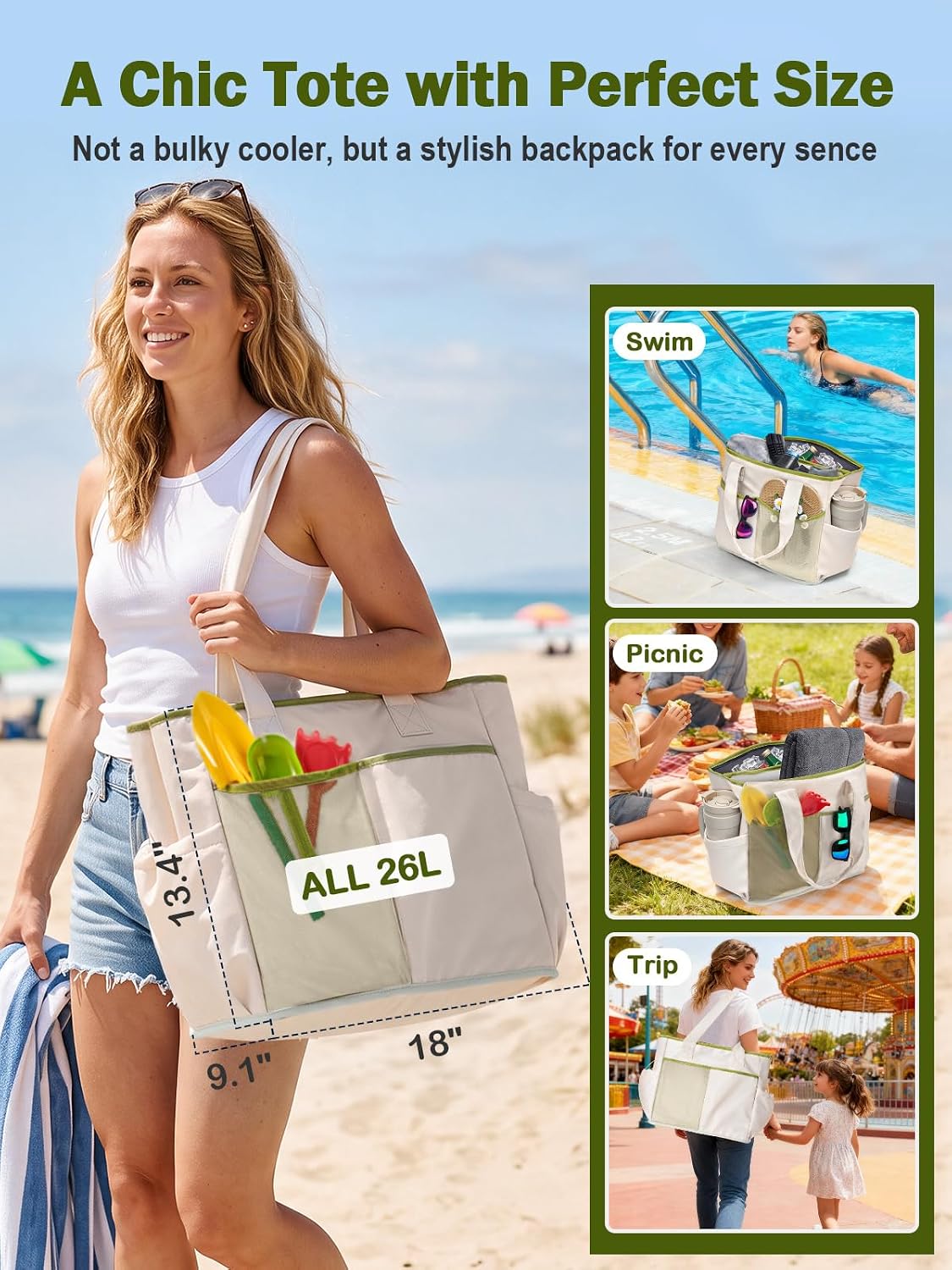 Odoland 2-in-1 Beach Cooler Bag-24 Can + 13L Dry Storage 12H Insulated