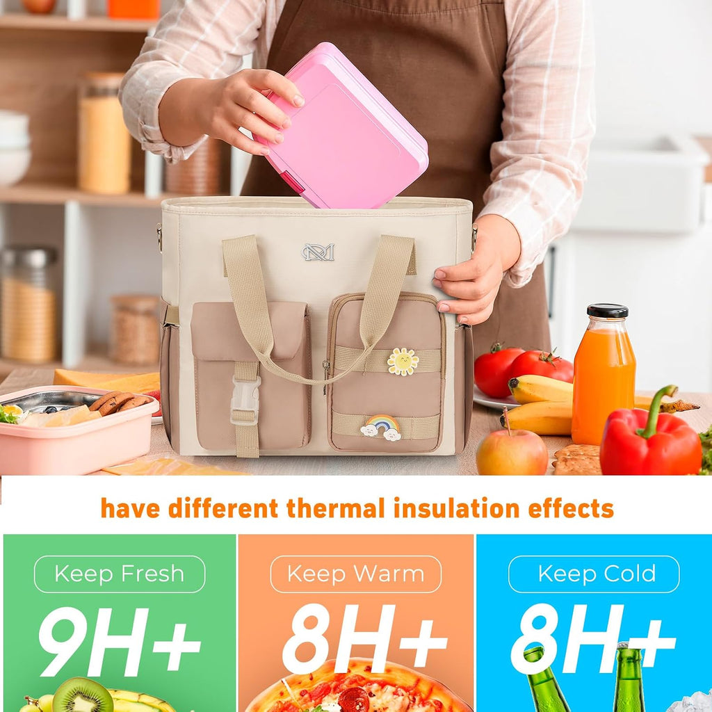 Large Insulated Lunch Bag for Women, Leakproof Lunch Box for Adults, Wide Opening Lunch Tote Bag with Shoulder Strap, Reusable Lunch Cooler Bag for Work, Picnic,Beach,School,Khaki Beige