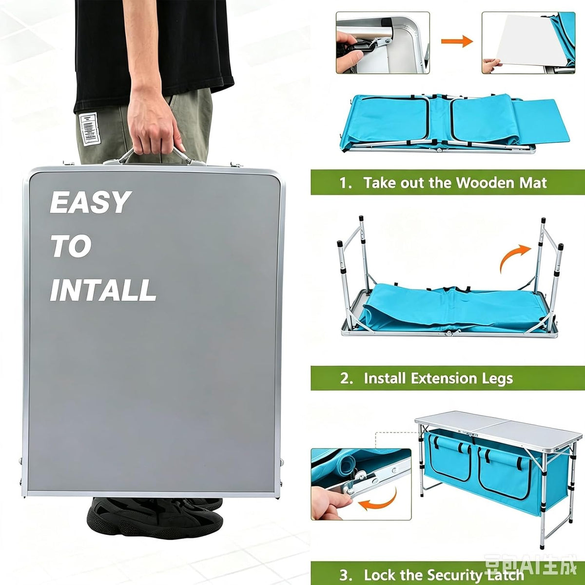 JOUYEK Camping Table, Folding Kitchen Table with Storage Sky Blue