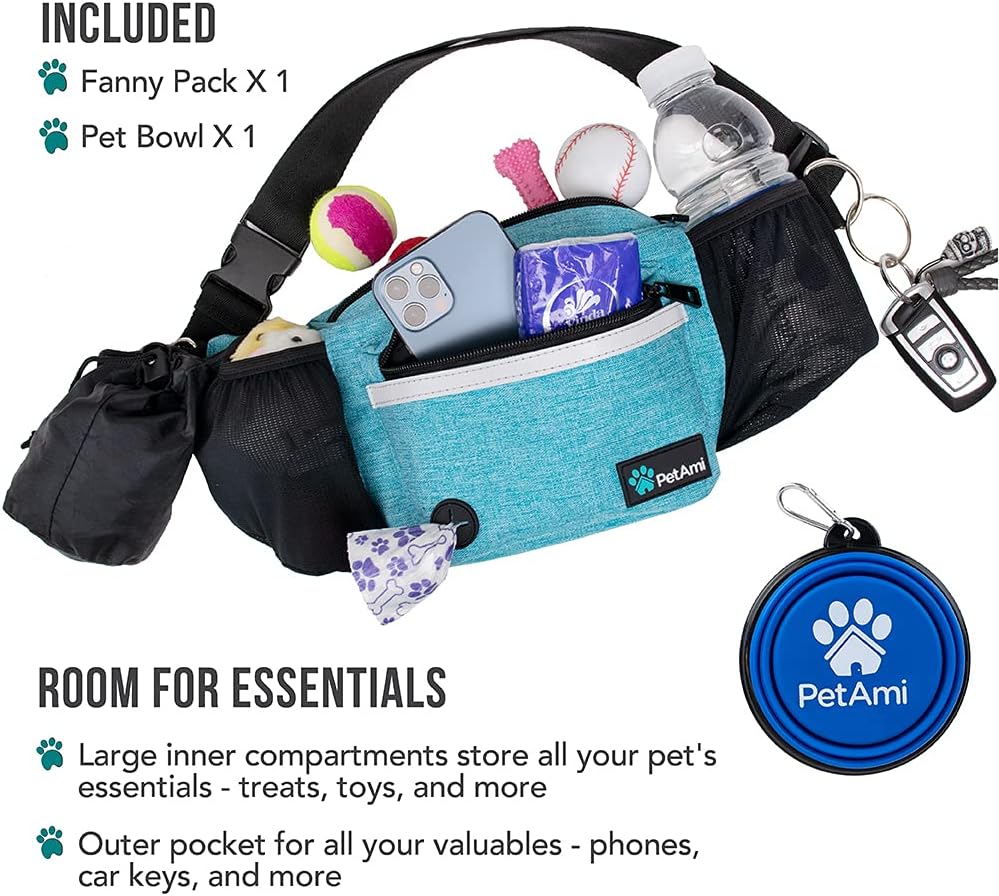 PetAmi Dog Fanny Pack, Treat Pouch for Dog Walking Training, Turquoise Blue
