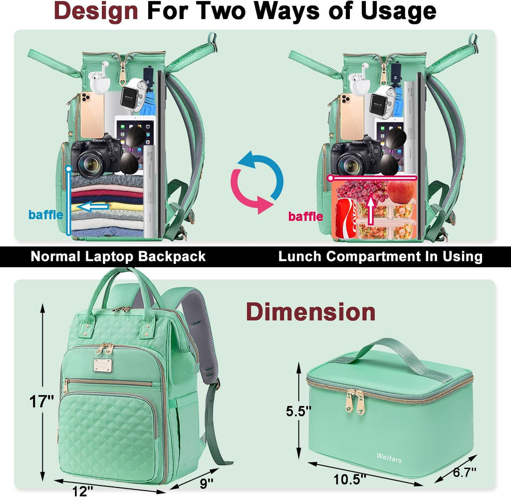 Weitars Lunch Backpack for Women,15.6 Inch Laptop Backpacks with Lunch Box