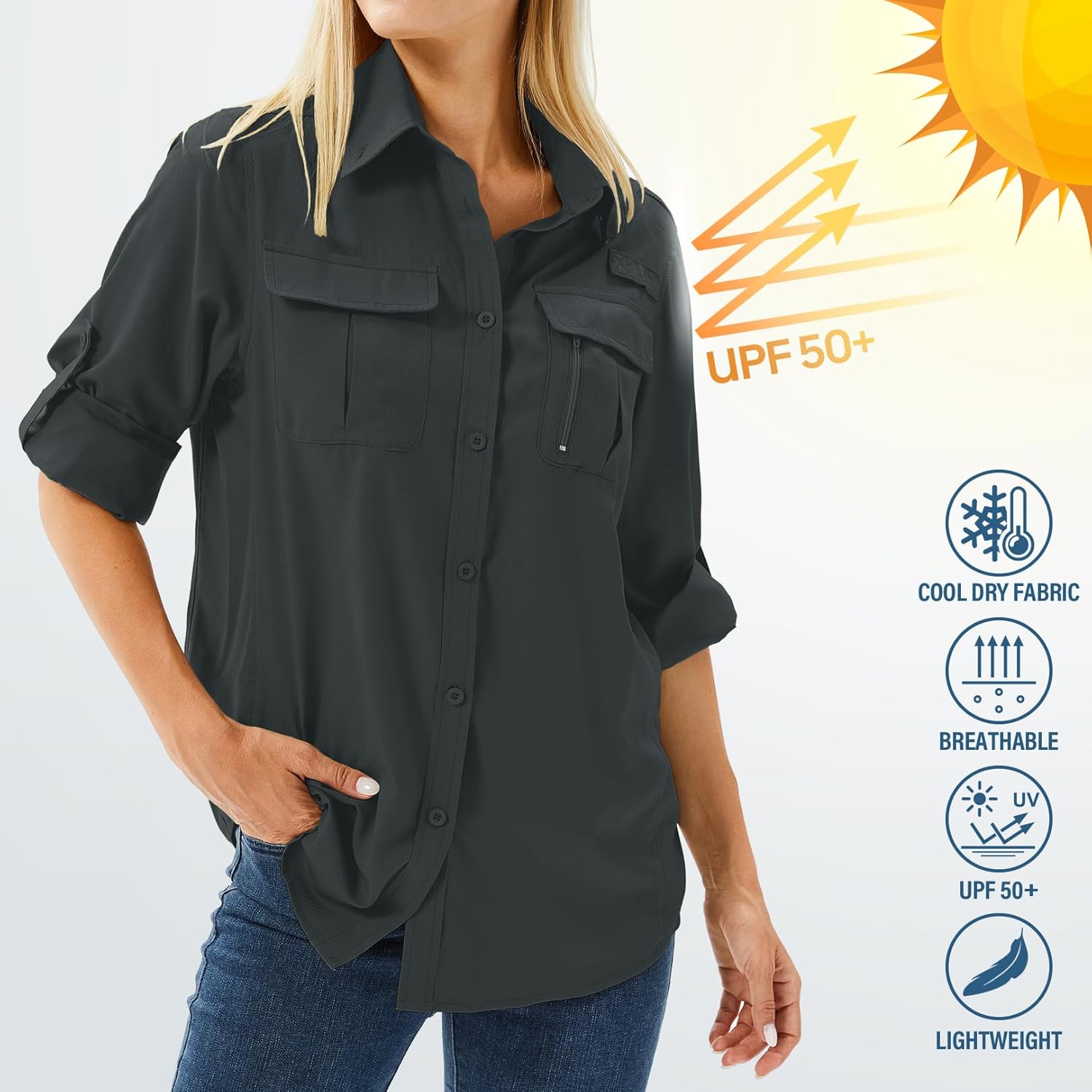 Women's UPF 50 Long Sleeve Sun Protection Safari Fish Hiking Shirts