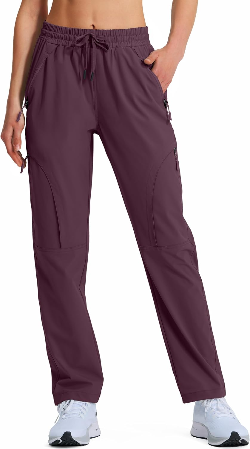 Hugut Women's Lightweight Hiking Cargo Safari Pants with Zipper Pockets | Quick-Dry, UPF 50+, Water-Resistant Stretch Nylon with Elastic Waist, for Golf Travel Work Camping Fishing and Outdoor