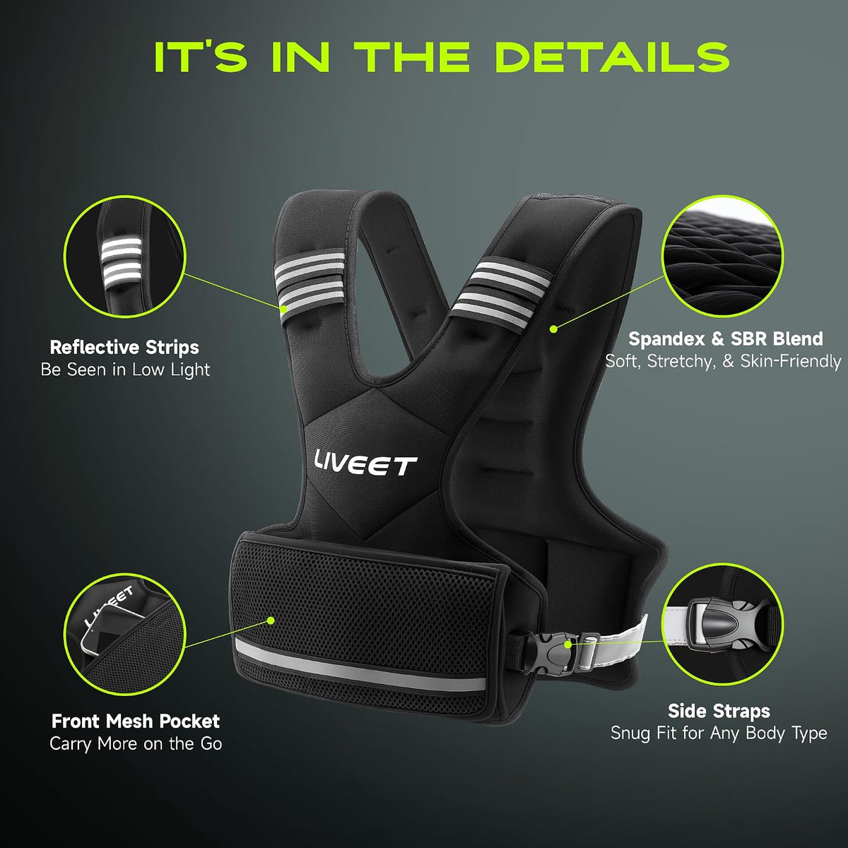 Adjustable Weighted Vest for Women Men, 4-10lb 11-20lb 20-32lb Weight Vest with 6 Ironsand Bags, Running Vest with Reflective Strips Adjustable Buckle Straps for Walking Strength Training